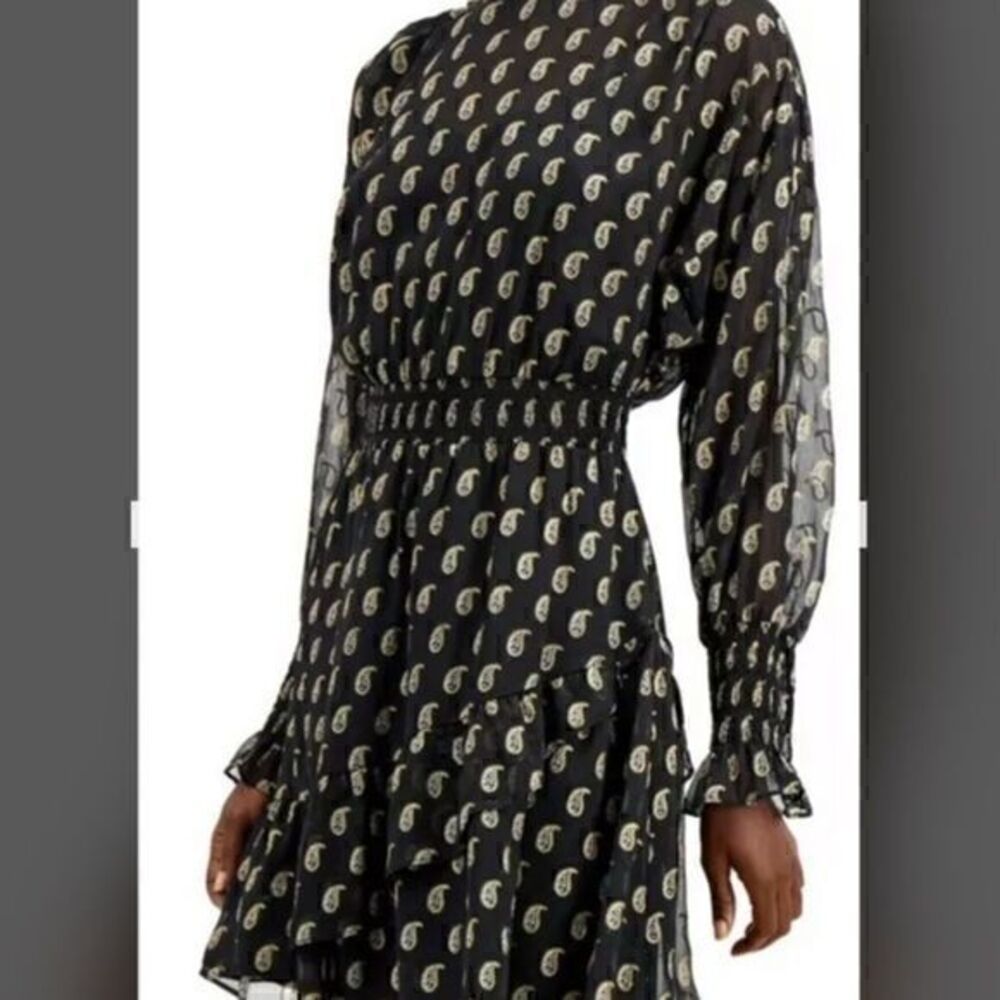 INC Women's Dress Black Size Medium Blouson Paisley-Print Ruffled $119